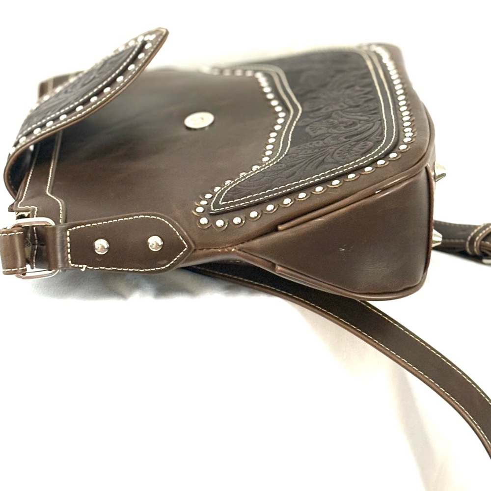 Montana West Western Style Tooled Leather And Studded Crossbody - Picture 12 of 15